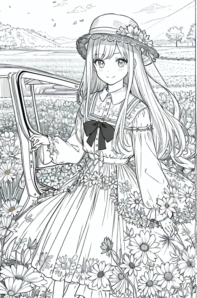 Masterpiece, Best Quality, 1 Barbie, Alone, long hair, looking at the viewer, SMILE, fringe, Skirt, shirt, long sleeves, sombrero, dress, bow, participation, Closed mouth, flower, steering wheels, flower del cabello, flower petals, ramo de floweres, Clamping flower, steering wheels centrales, hood, flower clamping bouquet, Field, flower, Field, lineart, monochrome,