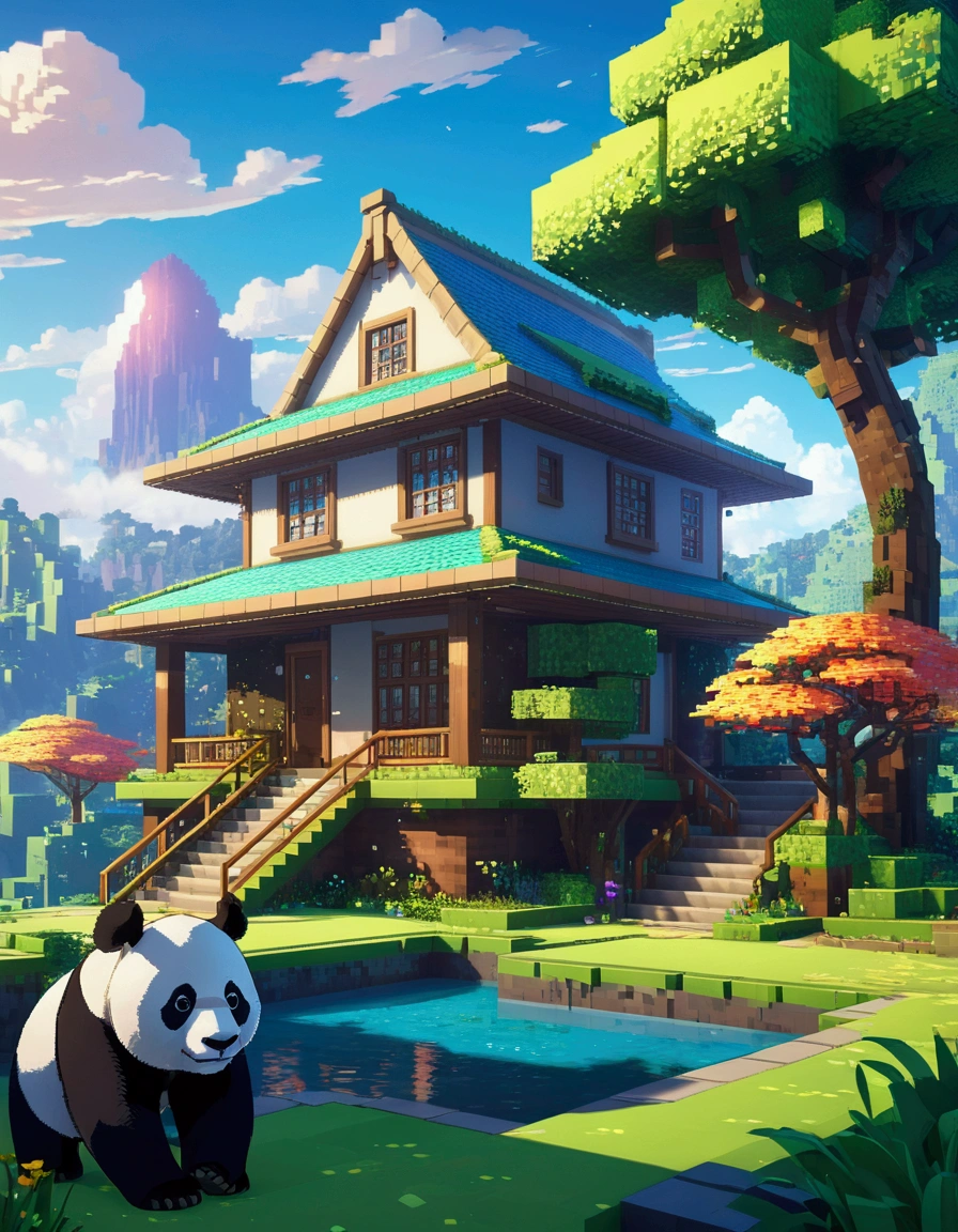 opulent, 3d, game art, dream magical, style of Makoto Shinkai, Beautiful biomes, cozily, Perfectcomposition, Minecraft style, colorful, Nice looking building, Wallpaper quality, design sense, aesthetics, Cartoon feel, Minecraft art style, 8K, a panda with a big house made of shit behind him