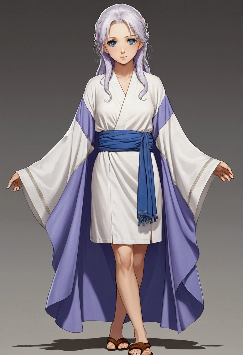 can you create an image for me: A girl with white hair, blue eyes, a part of his hair falls on his forehead, covering the part of the nose up to the upper lip, blue eyes, it&#39;s white,wear a dress: She wears a light lavender robe that opens at the sides., revealing her legs. The tunic has long, wide sleeves.under the tunic, the character is wearing a black one-piece swimsuit, He wears a light brown scarf around his neck. His legs are bandaged from thighs to feet with white bandages..Wear traditional Japanese sandals, known as "can". anime style