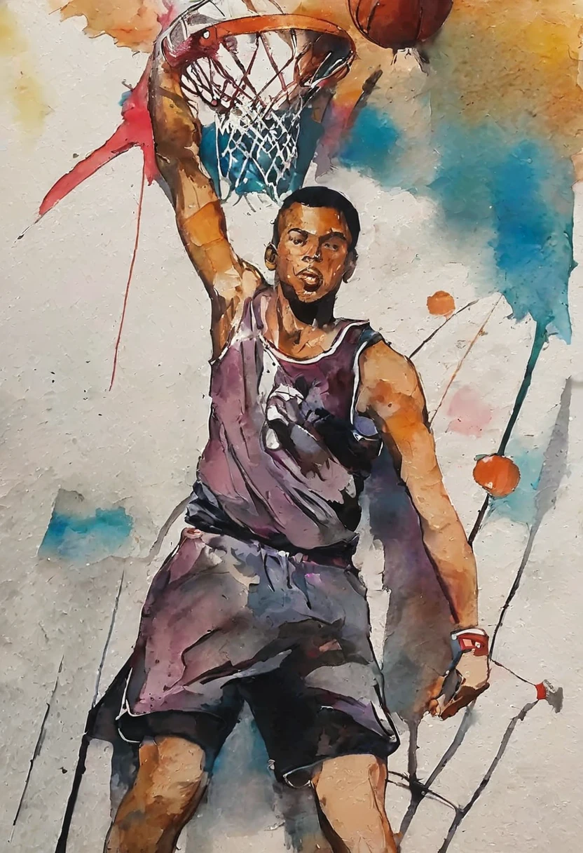 Banksy art sticker, fantasy character, basketball player, basketball uniform, (the basketball scene:1.5), the dunking athlete in the air, (dunk shoot:2.0),(dynamic angle:1.5), soul, digital illustration, comic book style, noir, perfect anatomy, centered, approaching perfection, dynamic, highly detailed, watercolor painting, artstation, concept art, soft, sharp focus, illustration, art by Carne Griffiths and Wadim Kashin, (viewed from below:1.2)