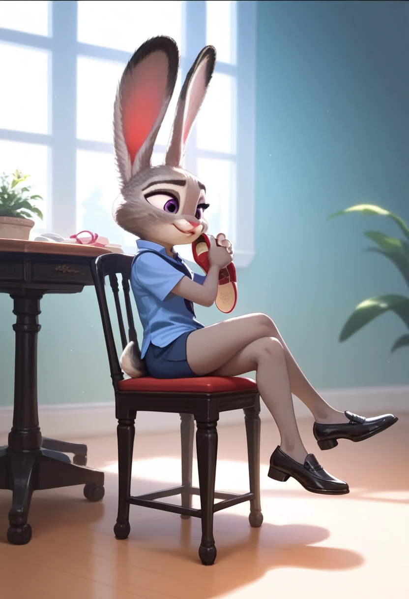 Solo, score_9,score_8_up score_7_up, source_furry, anthro, Judy Hopps, rabbit, female, sitting on chair, holding shoe, sniffing shoe, one shoe on one foot and other barefoot, shoe sniff, 