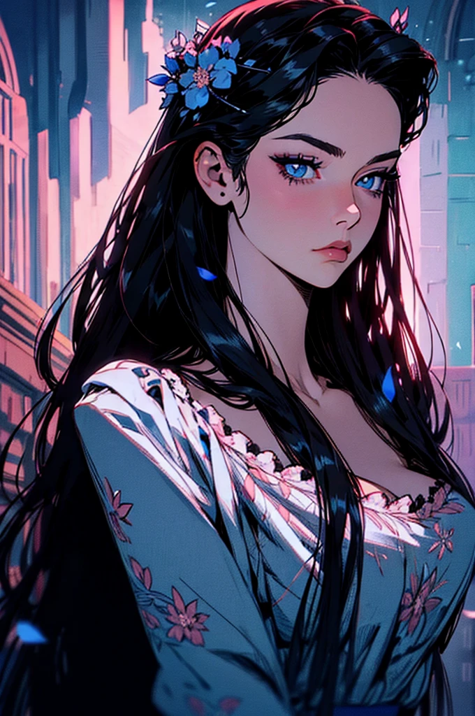 hyper-realistic of a mysterious woman with flowing dark hair, piercing blue eyes, and a delicate floral crown, backwards, looking back, upper body