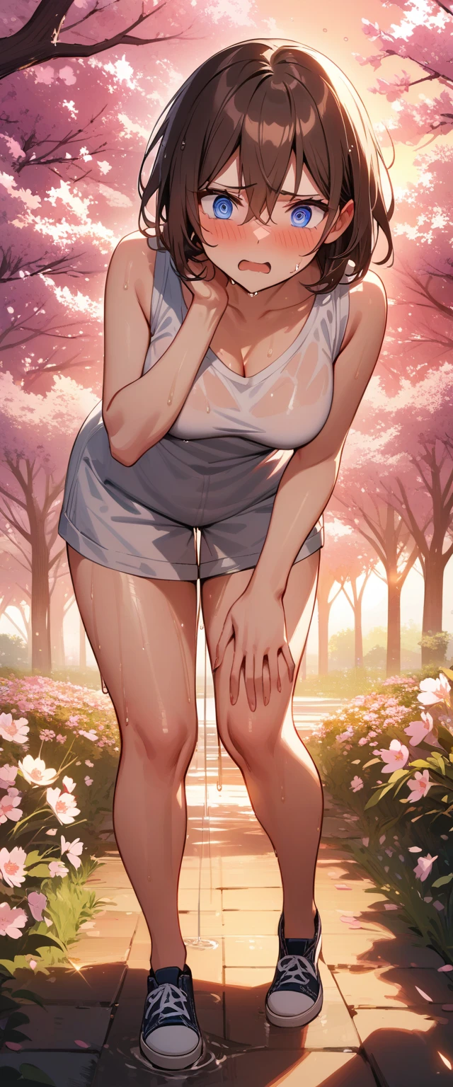 (masterpiece:1.37), best quality, (extremely detailed:1.37), 1girl, blue eyes, short hair, brown hair, hair between eyes, medium breasts, (extremely detailed eyes:1.37), (wetting self:2.0), desperation, standing, embarrassed, humiliation, blushing, angry, cherry blossoms, garden, (golden hour:1.5), full body