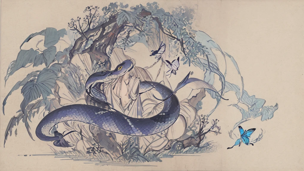 work of art, best qualityer, Snake with butterfly, crescent moon, tatto.