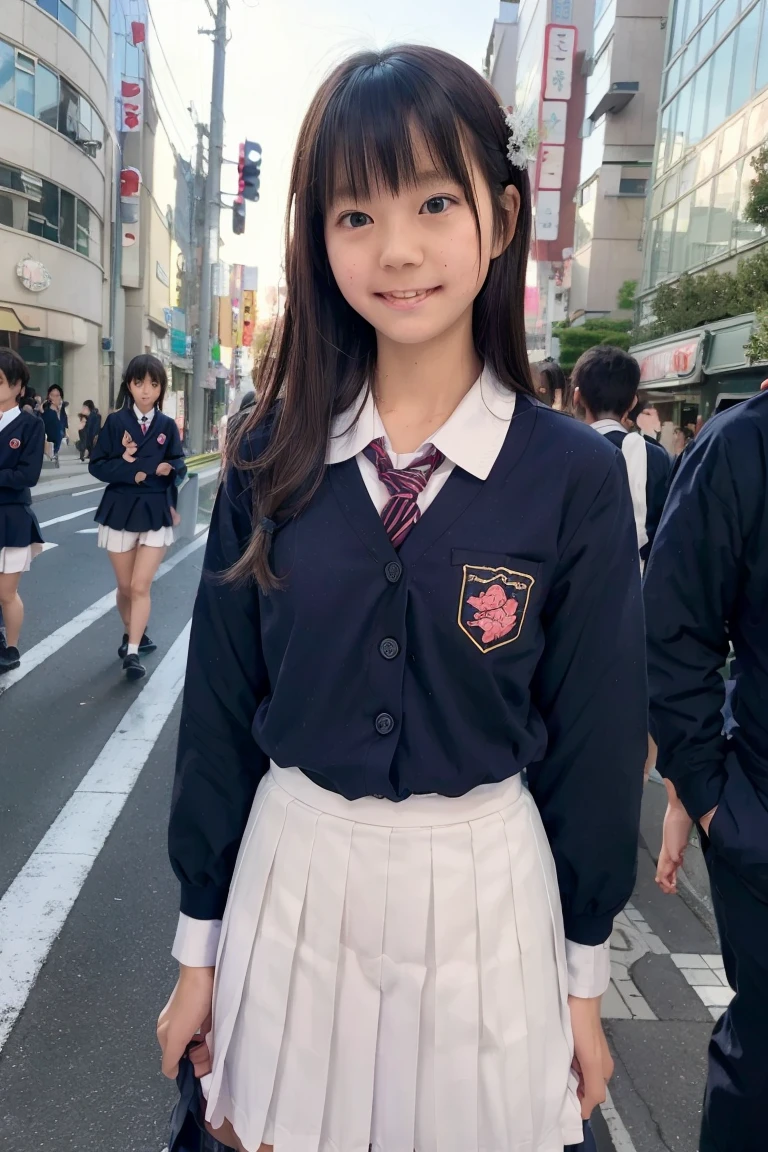 Very detailed CG Unity 8K 壁紙、highest quality、Very detailed、masterpiece、Realistic、Photorealistic、Very detailedかわいい女の子、16 years old、Young Face、(((wear Japanese school uniform)))、((Roll up the skirt yourself)))、(Lift it yourself)、、Bottomless、blush、Lips parted、Looking at the audience、Semi Body Shot、(A lot of people)、(On a street corner in Tokyo)、(((Excitedly showing off one&#39;s genitals )))、(((Beautiful cat、Real Pussy)))