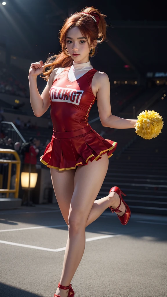 1girl, Kiernan Shipka, University of Michigan cheerleader uniform, sheer shiny shimmering silky tan pantyhose, 5 inch white high heeled stilettoes, holding pom-poms, cheering inside Michigan Stadium, red lipstick, dangling earrings, fiery red hair in a ponytail, full body pose, (best quality,4k,8k,highres,masterpiece:1.2),ultra-detailed,(realistic,photorealistic,photo-realistic:1.37),HDR,vivid colors,professional,concept art