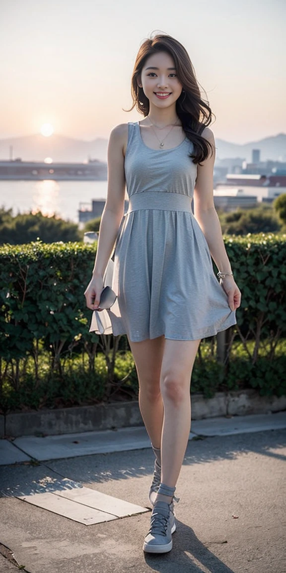(masterpiece, top quality, best quality,1girls,Korean, beautiful face, smile, long hair, 19 years old, tank top, ((Light grey straight dress:1.1)), White shoes, hills, full body view, sunset,