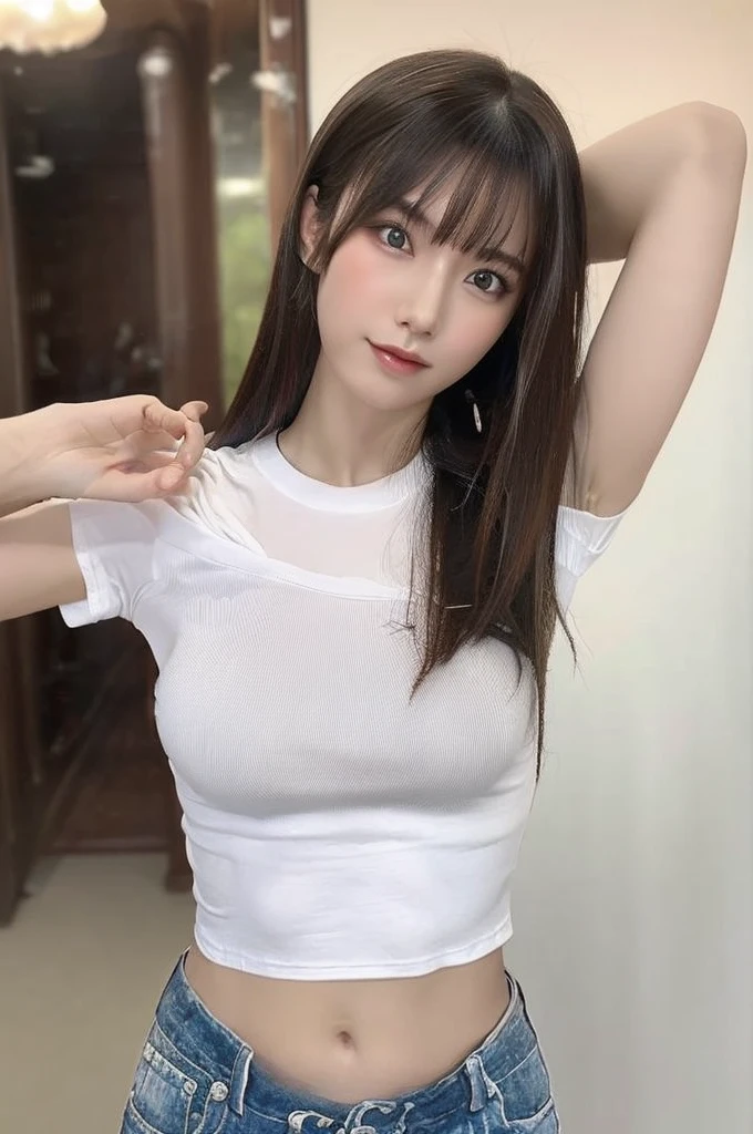 ((Highest quality, 8K, masterpiece :1.3)), Ultra-realistic, Realistic texture, Photorealistic shots, Gorgeous Asian Model, Strike a pose in a cute high waist. Sharp focus,whole body, Long legs, Sharp focus :1.2, Beautiful woman with perfect figure :1.4, Slim Abs :1.1, ((Dark brown layered hair, Big Breasts :1.2)), (White tight T-shirt,Beautiful feet,Are standing:1.2) , Highly detailed face and skin texture, Fine grain, double eyelid, Completely naked