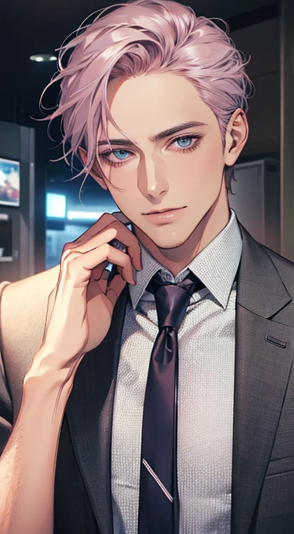 (Highest quality,4K,8K,High resolution,masterpiece:1.2),Super detailed,(Realistic,photoRealistic,photo-Realistic:1.37),1 person,31 years old,Mature Men,Beautiful skin、very handsome,Expressionless,smile,Short gray pink hair,blue eyes,Sharp Eyes,A perfect face without a doubt,Businessman,Office Background,Cinema Lighting,HDR image,tie、