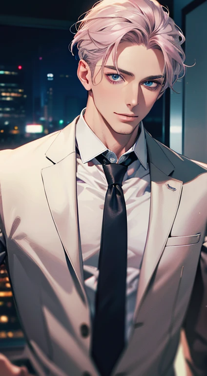(Highest quality,4K,8K,High resolution,masterpiece:1.2),Super detailed,(Realistic,photoRealistic,photo-Realistic:1.37),1 person,31 years old,Mature Men,Beautiful skin、very handsome,Expressionless,smile,Short gray pink hair,blue eyes,Sharp Eyes,A perfect face without a doubt,Businessman,Office Background,Cinema Lighting,HDR image,tie、