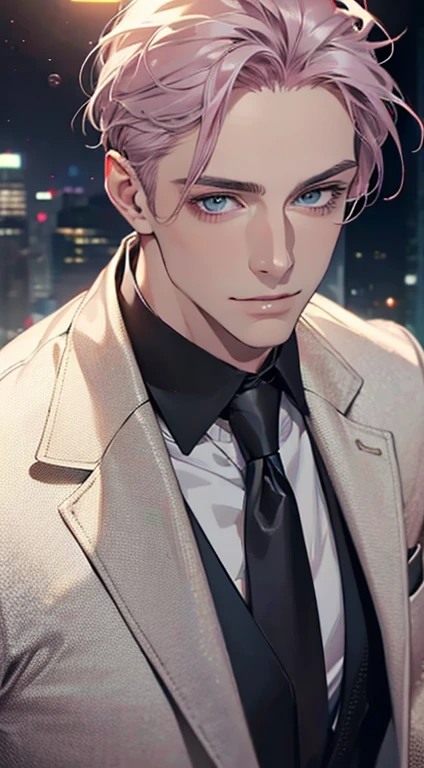 (Highest quality,4K,8K,High resolution,masterpiece:1.2),Super detailed,(Realistic,photoRealistic,photo-Realistic:1.37),1 person,31 years old,Mature Men,Beautiful skin、very handsome,Expressionless,smile,Short gray pink hair,blue eyes,Sharp Eyes,A perfect face without a doubt,Businessman,Office Background,Cinema Lighting,HDR image,tie、