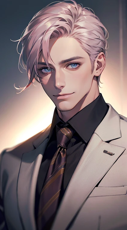 (Highest quality,4K,8K,High resolution,masterpiece:1.2),Super detailed,(Realistic,photoRealistic,photo-Realistic:1.37),1 person,31 years old,Mature Men,Beautiful skin、very handsome,Expressionless,smile,Short gray pink hair,blue eyes,Sharp Eyes,A perfect face without a doubt,Businessman,Office Background,Cinema Lighting,HDR image,tie、