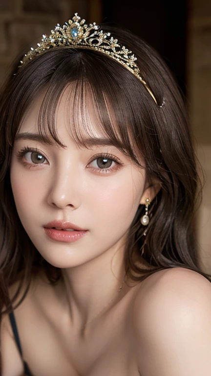 Princess , in castle, high quality, super quality, (detailed face:1.6) ,beautiful woman , golden eyes, long hair , gorgeous dress, (dress:1.2) , tiara, necklace , earring , sharpe eyebrow , beautiful bangs are covering her eyes , (huge breast:1.7) , upper body 