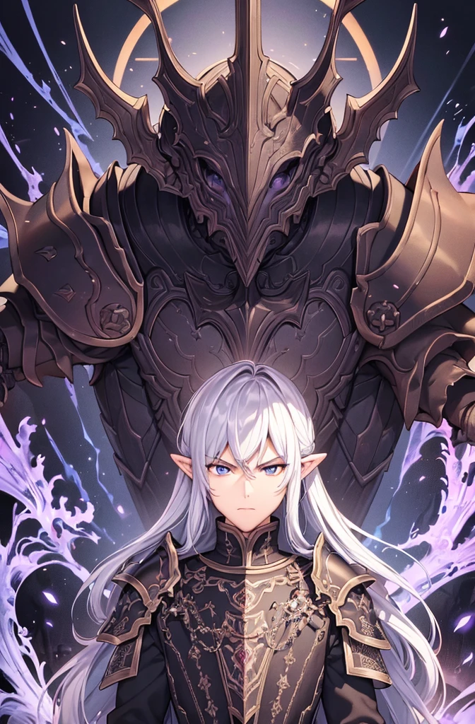 masterpiece, best quality, ultra high res, dark theme, 1boy, (dungeonpunk armor), (mechanical steampunk armor), (wearing armor), fantasy illustration, dark skinned, human, upper body, portrait, red eyes, long white hair, half-drow, pointy ears, serious face, young man, dramatic lighting, purple hue, art by Kinema Citrus