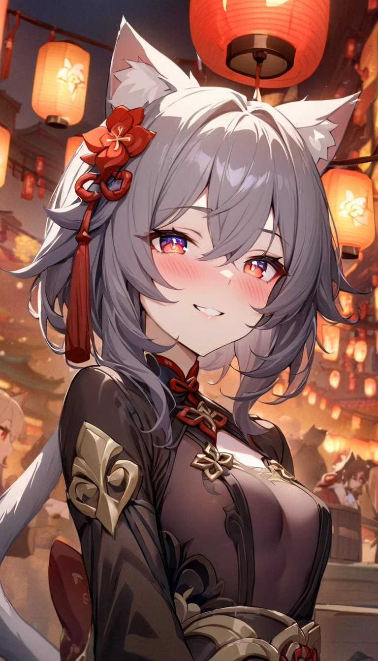 (((best quality)), ((masterpiece)), (details), masterpiece, best quality, high quality, ulutra detailed, perfect face, ((1girl, blue eyes, cat ears: 1.3 silver bob hair: 2.5,)) 、Shiny Hair、Glowing Skin、blush、Lustful look、1girl、walnut、Genshin Impact、smile、hutao,1girl,jewelry,hat,flower,red eyes、Festivals、Lanterns lined up、Chinese gorgeous outdoor background