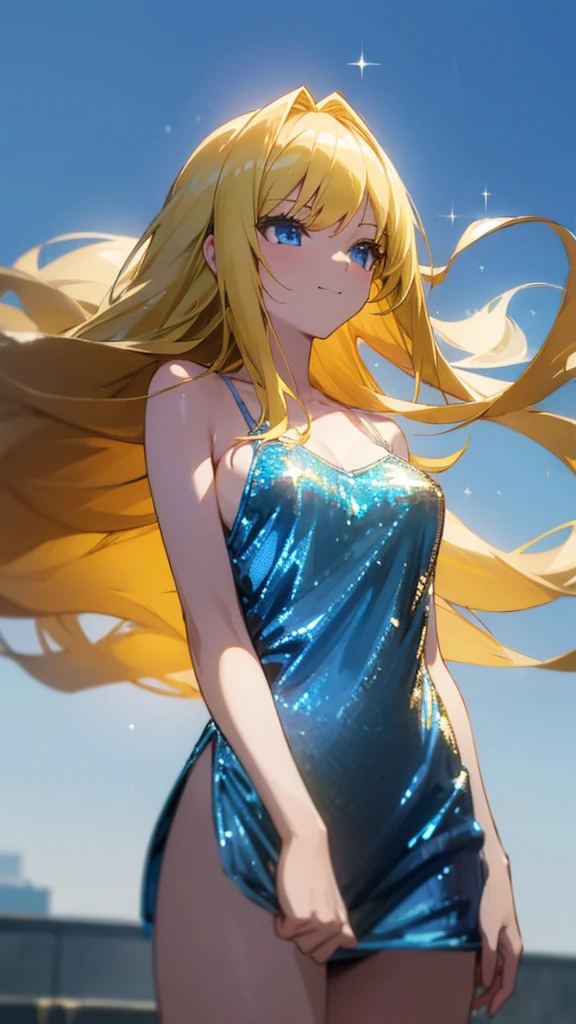 (masterpiece:1.3), (best quality:1.1), (8k, ultra detailed, ultra high res:1.2), ((anime style)), perfect 5 fingers, perfect anatomy, 
1girl,
BREAK long hair, wavy hair, 
(blonde hair), 
(blue eyes), 
medium breasts, camisole, (Sequins, white Sequins:1.2),  
BREAK smile, 
(gazing skyward:1.4), standing, shoot from side, 
cowboy shot, 
outdoor, sky, 