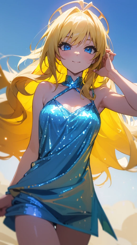 (masterpiece:1.3), (best quality:1.1), (8k, ultra detailed, ultra high res:1.2), ((anime style)), perfect 5 fingers, perfect anatomy,
1girl,
BREAK long hair, wavy hair,
(blonde hair),
(blue eyes),
medium breasts, camisole, (Sequins, white Sequins:1.2),
BREAK smile,
(gazing skyward:1.4), standing,
cowboy shot,
outdoor,