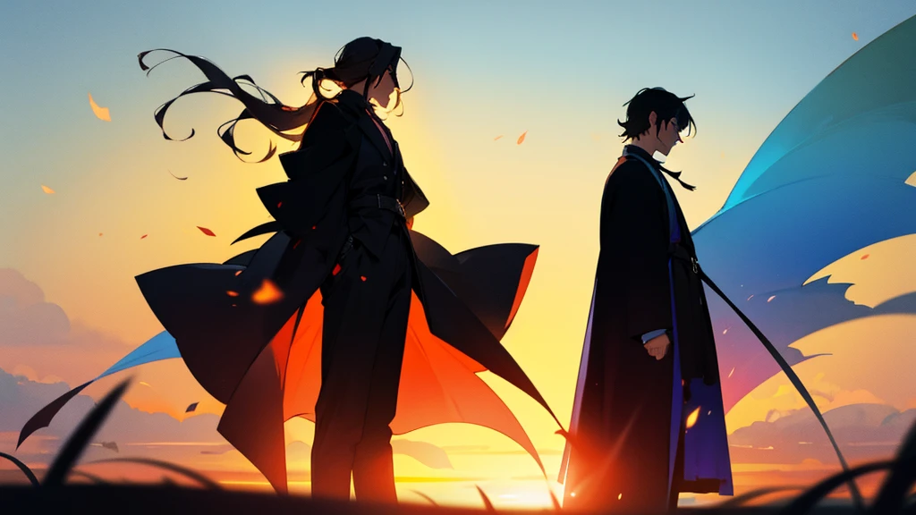 Silhouette of a man and woman standing back to back