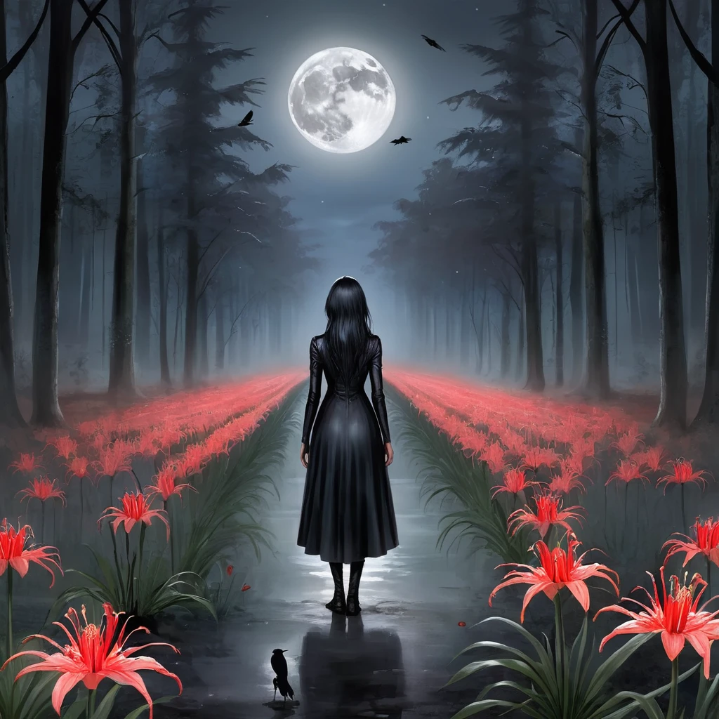 Crow, cathedral, eveningull, evening, Crows fall all over the ground, Dark Forest, One girl, alone, Red spider lily, Big full moon, Symmetric, å¹½ç µ 最high quality, high quality, High resolution, masterpiece, 
