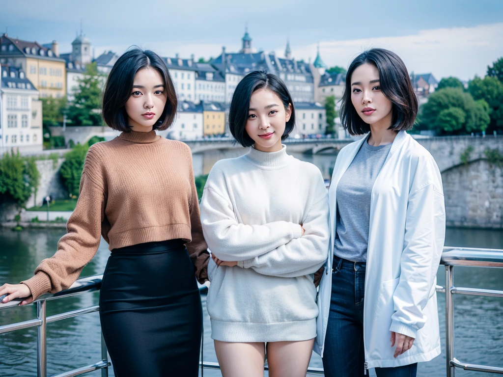 high quality, 1 woman, ((36-year-old healthy Korean woman)), ((36 years old)), 1 woman, ((slim)), ((short medium hair)), Smile. pose: standing, Luxury brand sweater and luxury windbreaker jacket, background:Your residence is a baroque townhouse with a plaster façade and wrought iron railings.., Overlooking the Salzach River and Hohensalzburg Fortress, 1 woman, ((1 woman