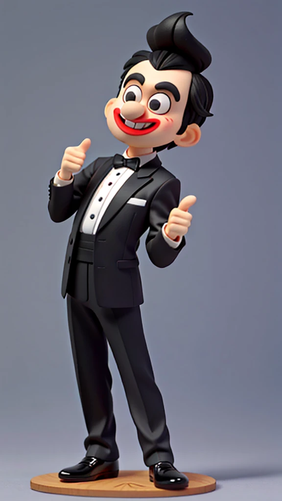 Disney caricature, 60 year old man with short black hair wearing a black suit, black and white striped tie, clown shoes, giving a thumbs up