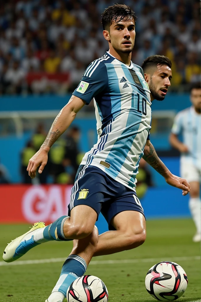 Close up of Argentina national team soccer player in Copa America 2024 final match kicking a ball towards the Colombian goal when Colombia's goalkeeper comes out to defend