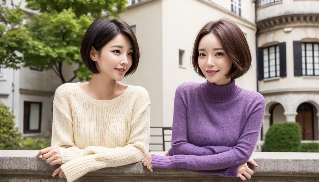 high quality, 1 woman, ((36-year-old healthy Korean woman)), ((36 years old)), 1 woman, Smile. ((slim)), ((short medium hair)), pose: standing, Myeongpum brand sweater, background:Your residence is a baroque townhouse with a plaster façade and wrought iron railings.., Overlooking the Salzach River and Hohensalzburg Fortress, 1 woman ((1 woman)) normal fingers, posture looking slightly upward