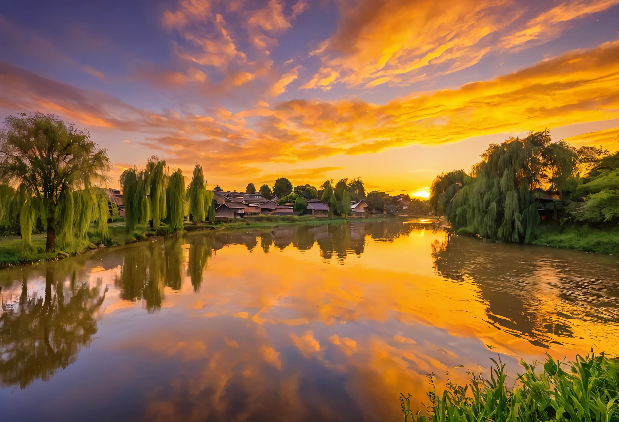 This image depicts a breathtaking sunset over the river.。, Located in a quiet rural setting. The sky is painted in shades of orange and yellow, Reflected in the calm river waters below. Trees in the landscape々and buildings are scattered around, Add depth and scale to your scene. The overall atmosphere of the image is calm and serene., Capture the beauty of nature at sunset.