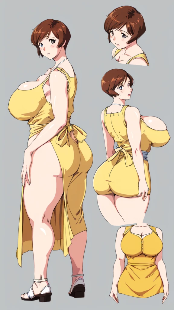 masterpiece, highest quality, High resolution, One girl, solo, sexual intercourse, Pornographic images, short hair, etsukoto, brown Eyes, fine grain, fine grain, (((Thick thighs, Plump thighs, Voluptuous thighs, Thighs alone are enough))), ((Huge and ample breasts, Cleavage, big long breasts)), Naughty big,((big breasts are important))、((Naughty thighs)), L Cup, (thin:1.4),(Tight waist:1.4), (yellow dress:1.4), ((waist apron)), white panty, (((Simple Background))), ((Wide Hips)), Shiny, Oily skin, Mature mother, Calf, Seductive mature woman, milf, Perfect body, Plus Size Model, curvy, ample, etsukoto, blush, clavicle, retro artstyle, 1990s (style), (thick thighs:1.4), (from side:0.9), full body, feet, looking away, open stance, open legs, discovery stance,