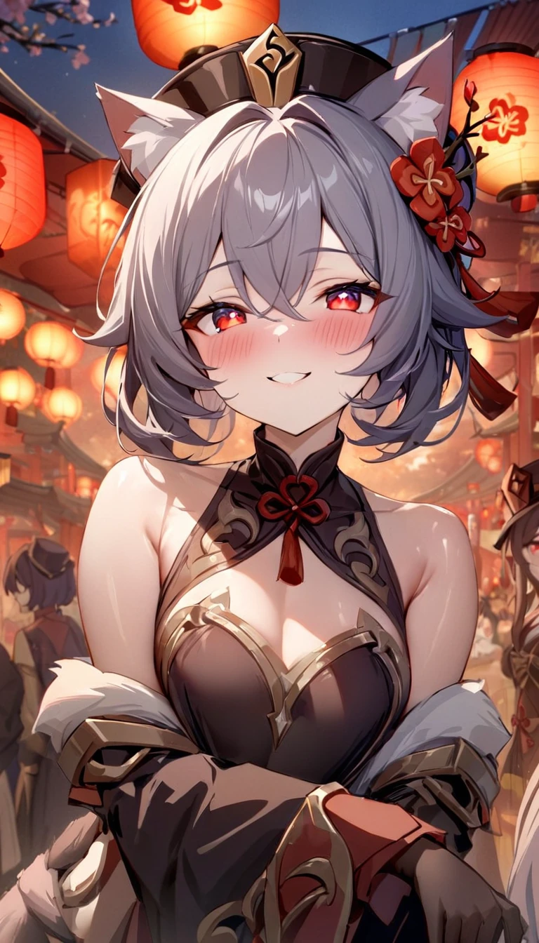 (((best quality)), ((masterpiece)), (details), masterpiece, best quality, high quality, ulutra detailed, perfect face, ((1girl, blue eyes, cat ears: 1.3 silver bob hair: 2.5,)) 、Shiny Hair、Glowing Skin、blush、Lustful look、1girl、walnut、Genshin Impact、smile、hutao,1girl,jewelry,hat,flower,red eyes、Festivals、Lanterns lined up、Chinese gorgeous outdoor background