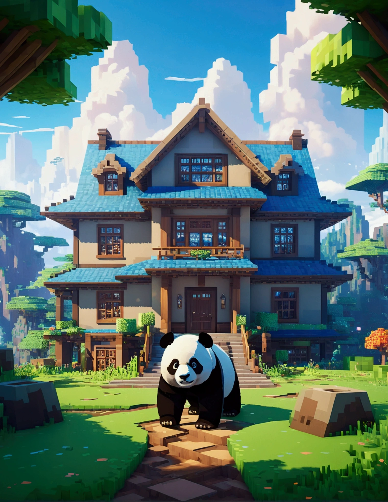 opulent, 3d, game art, dream magical, style of Makoto Shinkai, Beautiful biomes, cozily, Perfectcomposition, Minecraft style, colorful, Nice looking building, Wallpaper quality, design sense, aesthetics, Cartoon feel, Minecraft art style, 8K, a panda with a big house made of mud behind him