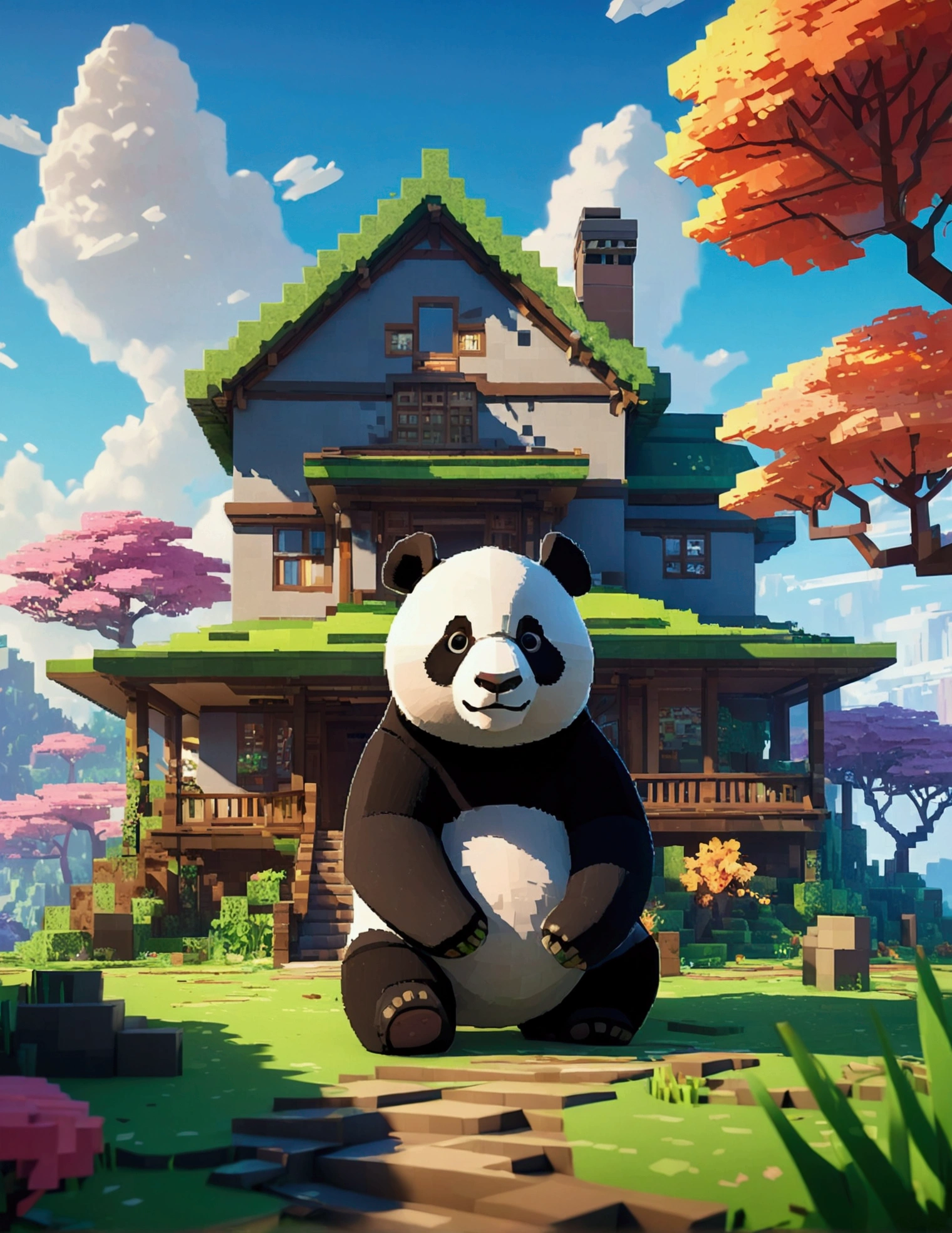 opulent, 3d, game art, dream magical, style of Makoto Shinkai, Beautiful biomes, cozily, Perfectcomposition, Minecraft style, colorful, Nice looking building, Wallpaper quality, design sense, aesthetics, Cartoon feel, Minecraft art style, 8K, a panda with a big house made of mud behind him