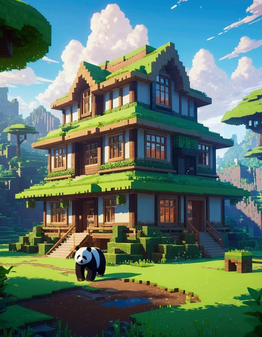 opulent, 3d, game art, dream magical, style of Makoto Shinkai, Beautiful biomes, cozily, Perfectcomposition, Minecraft style, colorful, Nice looking building, Wallpaper quality, design sense, aesthetics, Cartoon feel, Minecraft art style, 8K, a panda with a big house made of mud behind him