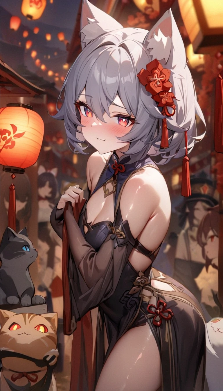 (((best quality)), ((masterpiece)), (details), masterpiece, best quality, high quality, ulutra detailed, perfect face, ((1girl, blue eyes, cat ears: 1.3 silver bob hair: 2.5,)) 、Shiny Hair、Glowing Skin、blush、Lustful look、1girl、walnut、Genshin Impact、smile、hutao,1girl,jewelry,hat,flower,red eyes、Festivals、Lanterns lined up、Chinese gorgeous outdoor background