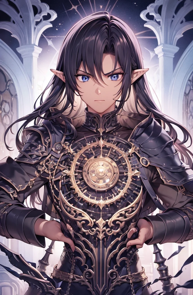 masterpiece, best quality, ultra high res, dark theme, 1boy, (dungeonpunk armor), (mechanical steampunk armor), (wearing armor), fantasy illustration, dark skinned, human, upper body, portrait, red eyes, long hair, white hair, half-drow, pointy ears, serious face, young man, dramatic lighting, purple hue, art by Kinema, perfect eyes