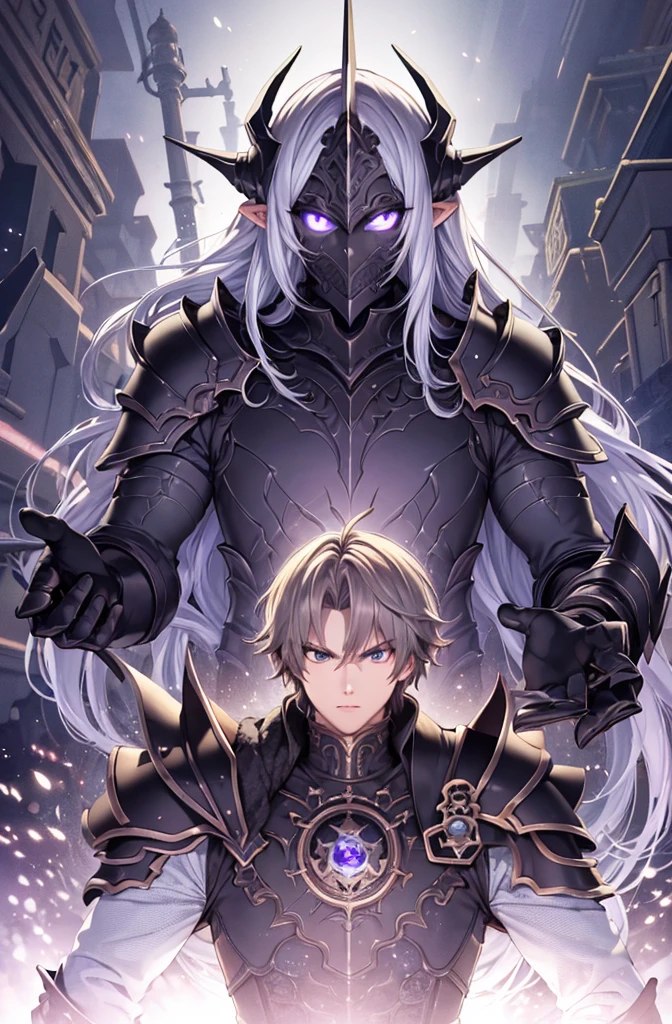 masterpiece, best quality, ultra high res, dark theme, 1boy, (dungeonpunk armor), (mechanical steampunk armor), (wearing armor), fantasy illustration, dark skinned, human, upper body, portrait, red eyes, long hair, white hair, half-drow, pointy ears, serious face, young man, dramatic lighting, purple hue, art by Kinema, perfect eyes