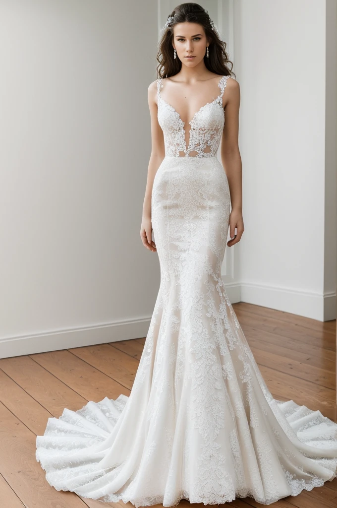 Best quality, 8k, 32k, Masterpiece, Masterpiece, (Photorealistic: 1.4), RAW photo, ultra realistic, a model wearing a mermaid wedding dress. The mannequin is standing in a white room with a minimalist design, featuring white walls and a clean, modern aesthetic. The wedding dress has intricate lace and beading details, showcased elegantly in the room.