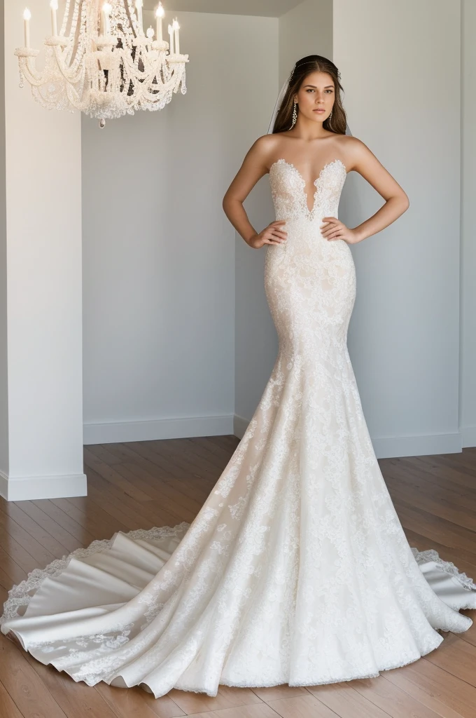 Best quality, 8k, 32k, Masterpiece, Masterpiece, (Photorealistic: 1.4), RAW photo, ultra realistic, a model wearing a mermaid wedding dress. The mannequin is standing in a white room with a minimalist design, featuring white walls and a clean, modern aesthetic. The wedding dress has intricate lace and beading details, showcased elegantly in the room.