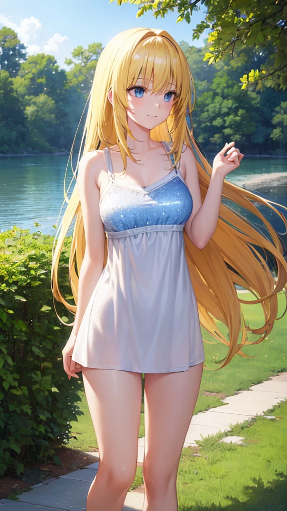 (masterpiece:1.3), (best quality:1.1), (8k, ultra detailed, ultra high res:1.2), ((anime style)), perfect 5 fingers, perfect anatomy, 
1girl,
BREAK long hair, wavy hair, 
(blonde hair), 
(blue eyes), 
medium breasts, camisole, (Sequins, white Sequins:1.2),  
BREAK smile, 
(gazing skyward:1.4), standing, 
cowboy shot, 
outdoor, 