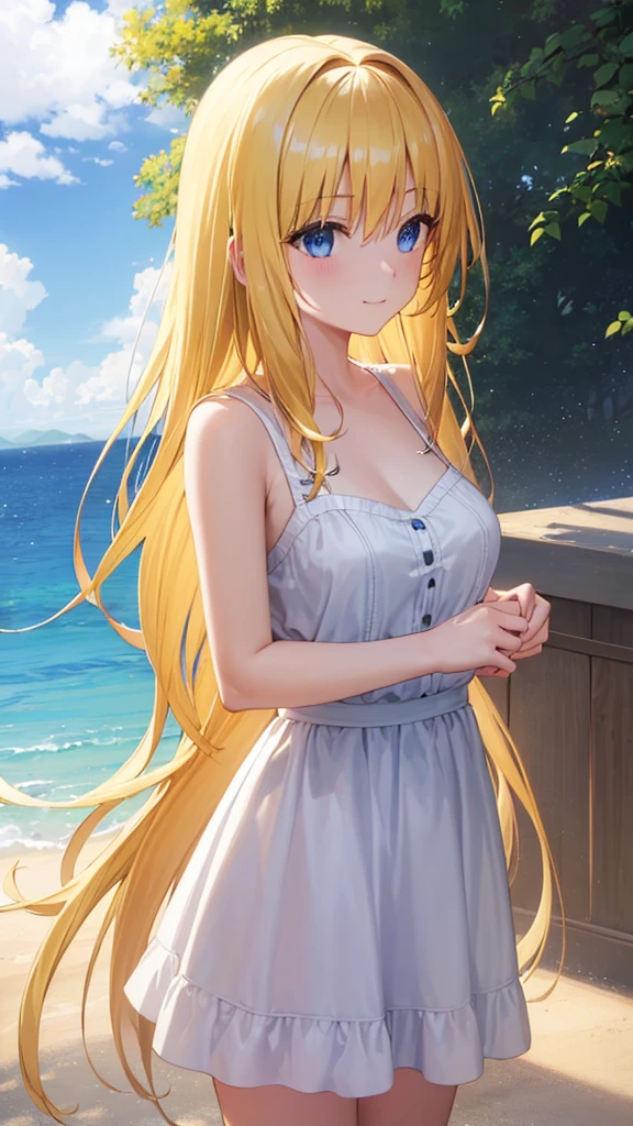 (masterpiece:1.3), (best quality:1.1), (8k, ultra detailed, ultra high res:1.2), ((anime style)), perfect 5 fingers, perfect anatomy, 
1girl,
BREAK long hair, wavy hair, 
(blonde hair), 
(blue eyes), 
medium breasts, camisole, (Sequins, white Sequins:1.2),  
BREAK smile, 
(gazing skyward:1.4), standing, 
cowboy shot, 
outdoor, 