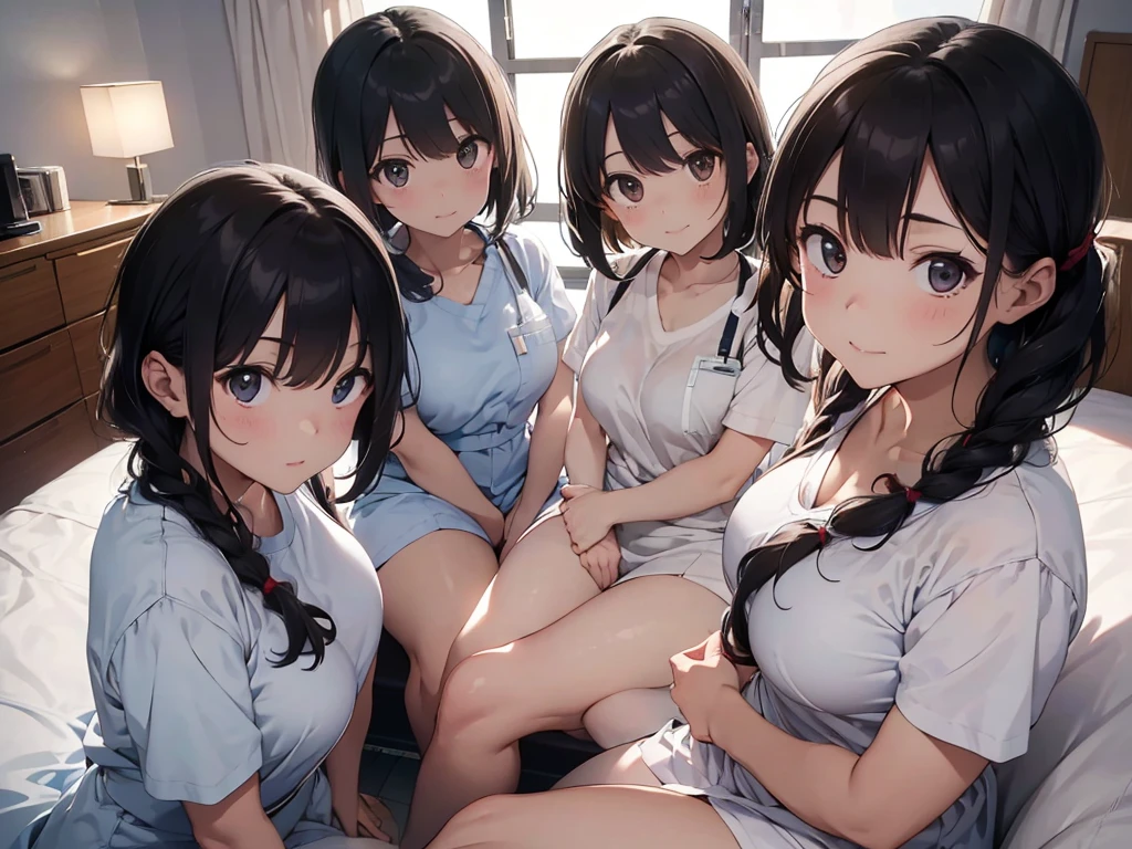 ((Highest quality)), ((masterpiece)), (detailed),Perfect Face,Strong light from the front,With front light,A group of nurses sitting on a hospital bed wearing only their nurse uniforms and with their bare lower halves spread apart,