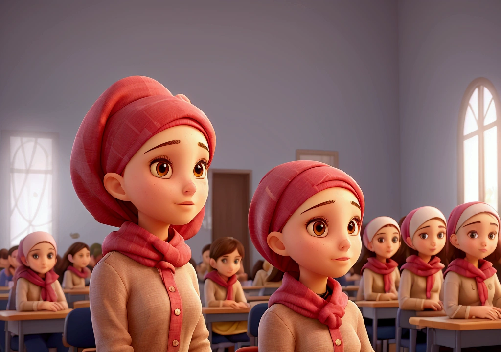 All the decor is modern and beautiful. A beautiful girl with a modern Islamic hijab tied to her neck. A character alone in the school with her friends.