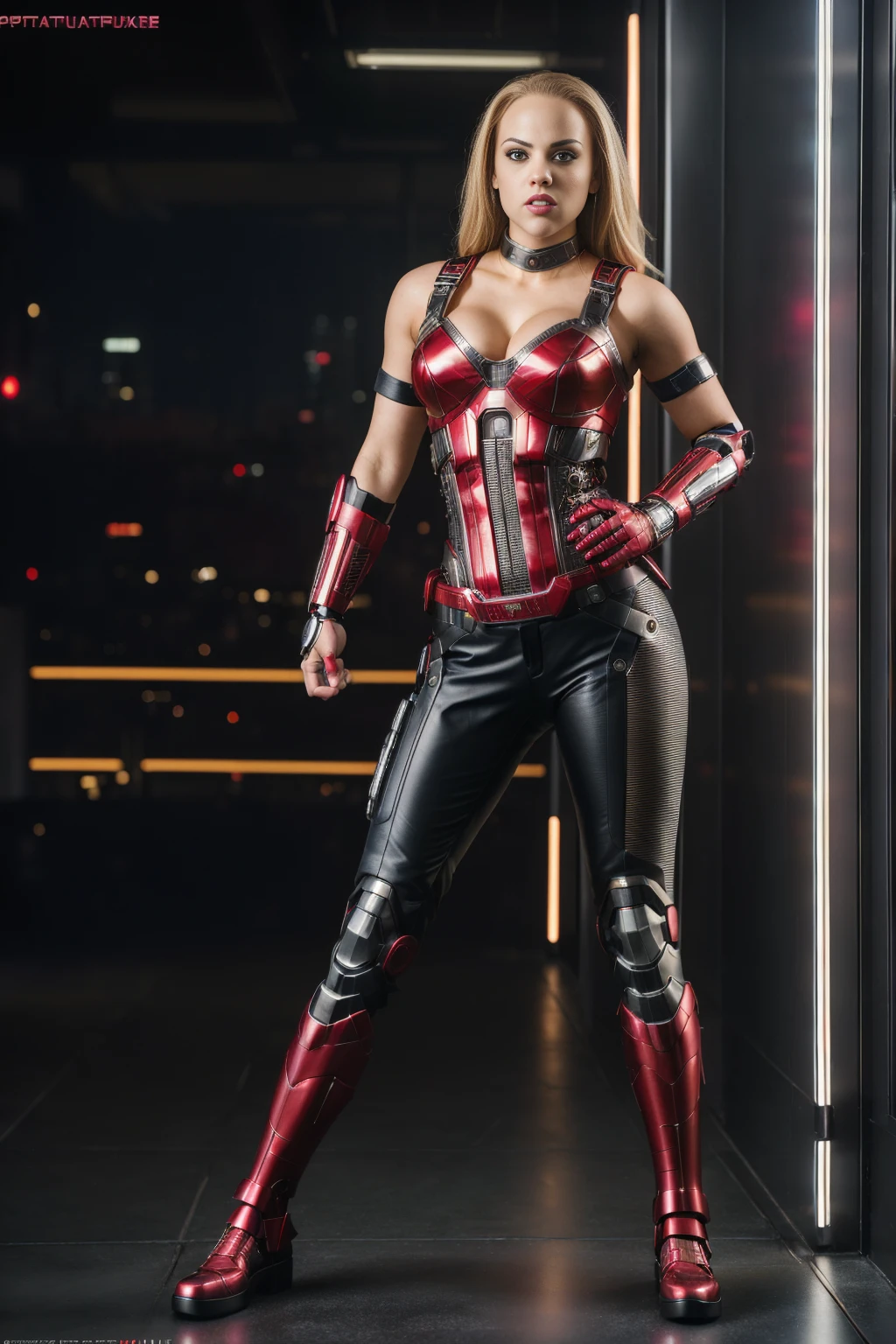 (((full body photo))) Realistic, RAW photo, sharp, masterpiece, highres, BrittneyAngelQuiron woman, blond hair, Brittney Angel wearing (superheroine scarlet witch realistic cyberpunk costume), (pants), armor, ((cyborg 1arm)), dynamic pose, highly detailed, trending on Artstation, cyberpunk style, Contax G1/G2 Camera