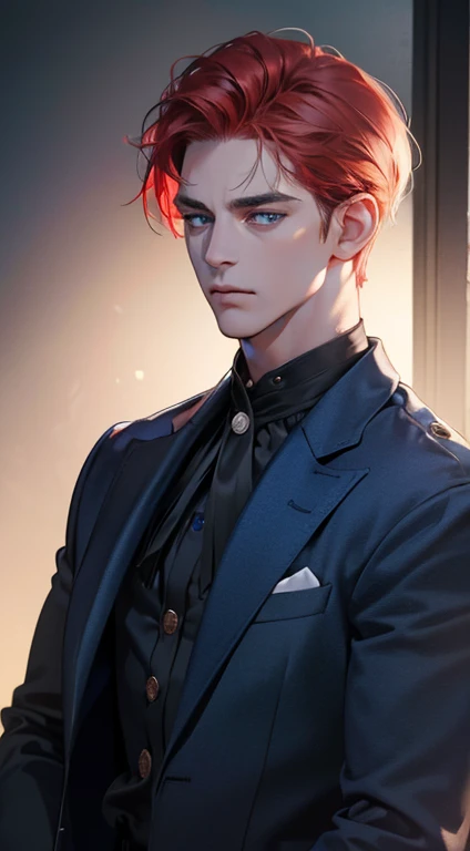 (best quality, masterpiece, 8K, photorealistic, cinematic lighting, 1:4 hdr image, ultra detailed, beautiful image), a mature man, 34 years very handsome, ((cold expression)), short red hair, blue eyes, face perfect without mistakes, ((buttoning his jacket, CEO))