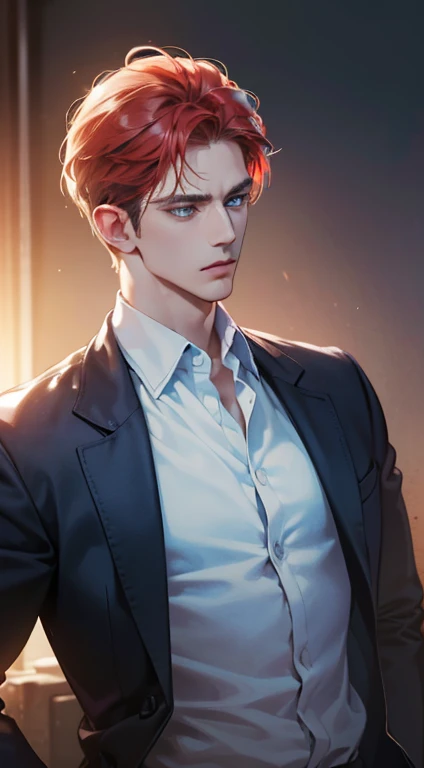 (best quality, masterpiece, 8K, photorealistic, cinematic lighting, 1:4 hdr image, ultra detailed, beautiful image), a mature man, 34 years very handsome, ((cold expression)), short red hair, blue eyes, face perfect without mistakes, ((buttoning his jacket, CEO))