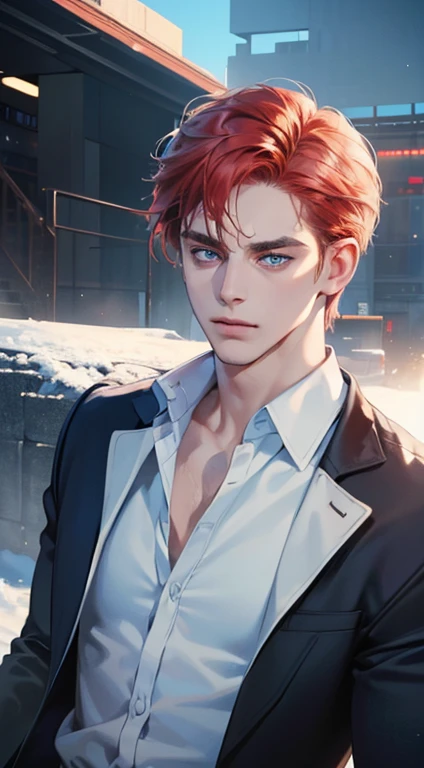 (best quality, masterpiece, 8K, photorealistic, cinematic lighting, 1:4 hdr image, ultra detailed, beautiful image), a mature man, 34 years very handsome, ((cold expression)), short red hair, blue eyes, face perfect without mistakes, ((buttoning his jacket, CEO))