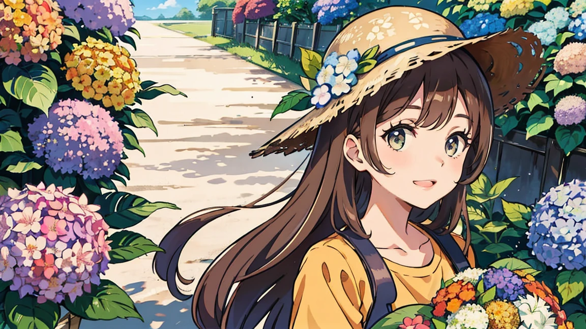 (Better Quality, artwork),Sunny，Long Lens，(Long brown hair)， Long brown hairの活発なかわいい女の子，Wearing a straw hat，Big smile，Wearing an orange T-shirt，Holding a bouquet of hydrangeas，There are lots of hydrangeas around，Hydrangeas galore，colorful