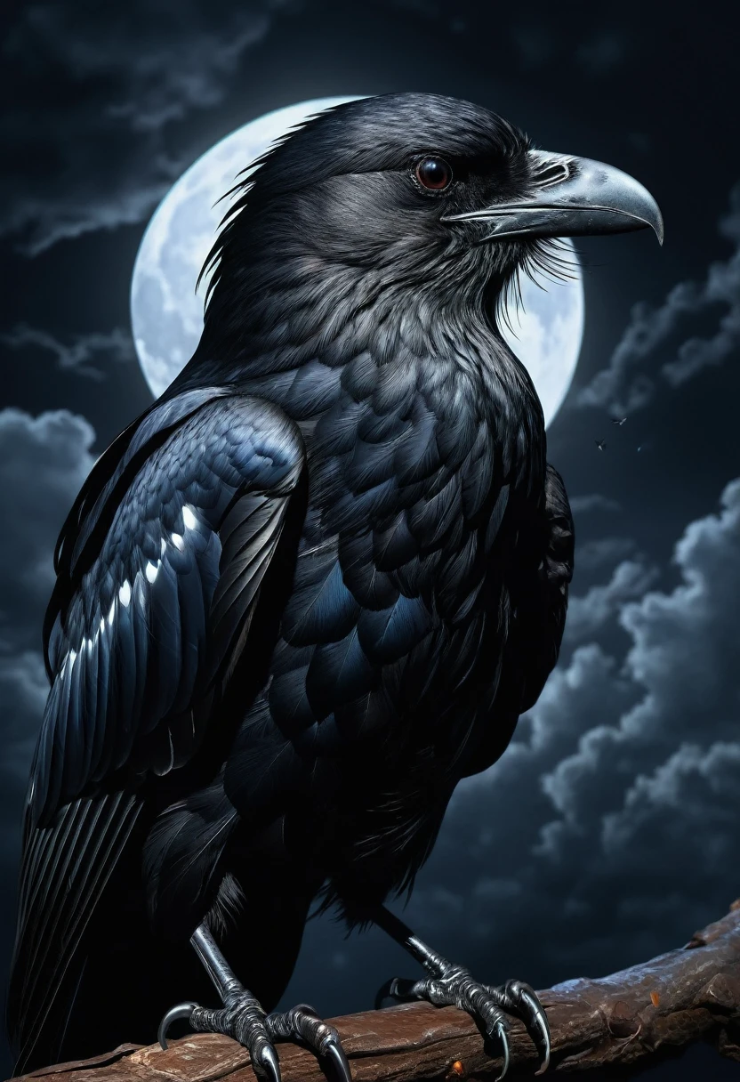 Highest quality,Super detailed,(Realistic:1.37) Painting,Dark and mysterious atmosphere,an  ominous色,[Crow],Complex feathers,Sharp beak,Sharp Eyes,intense expression,creepy silhouette,an  ominous存在,Night Scenery,Moonlit Sky,cloud,Dramatic lighting,Light and shadow contrast,Gothic style,Dramatic brushstrokes,Texture and depth,Colorful feathers,Spreading its majestic wings,An unforgettable presence,an  ominous,Lonely,Feelings of anxiety,Striking details,Beautifully captured essence,Artistic masterpieces