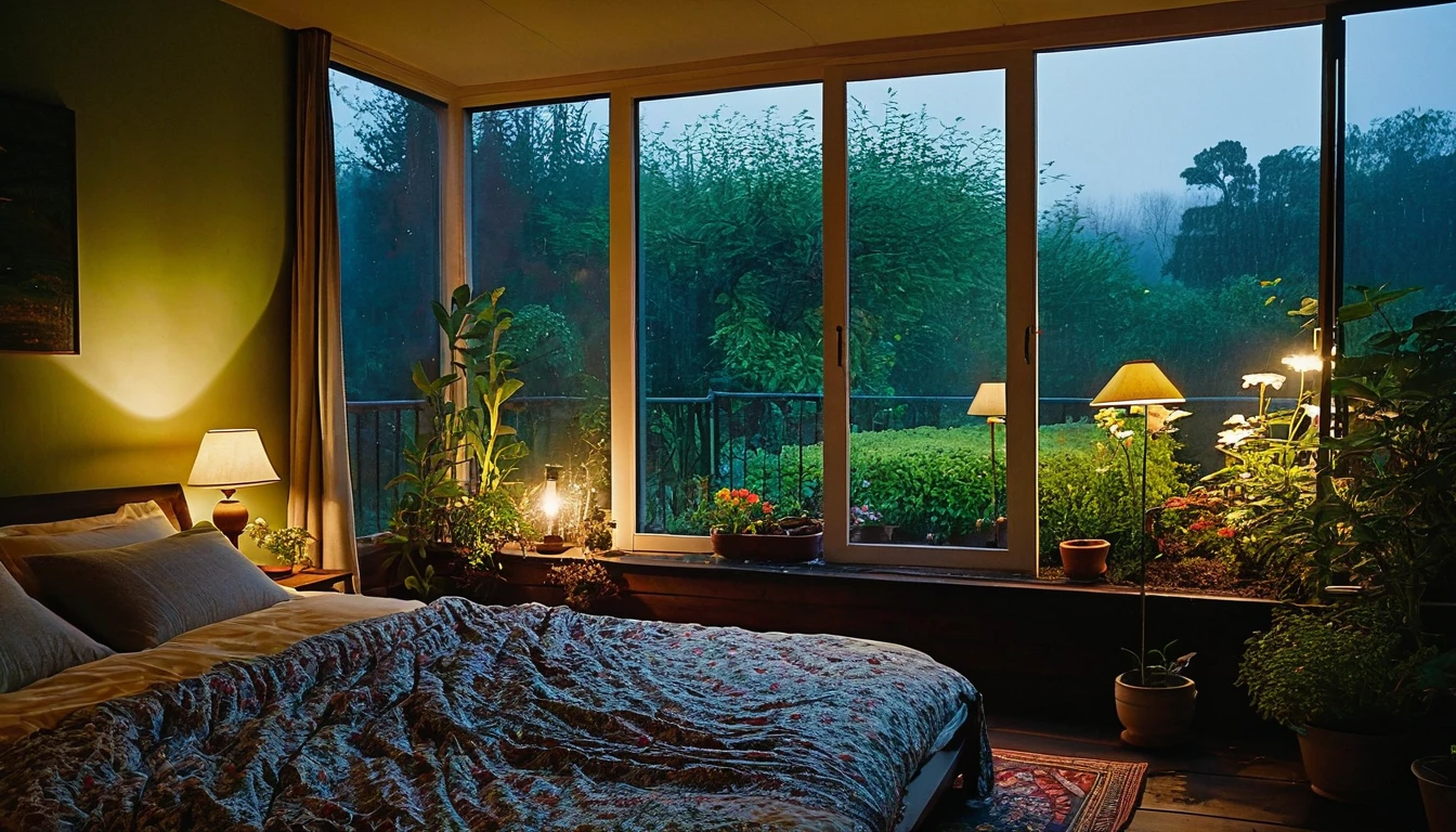 The picture shows a cozy bedroom with large windows offering views of the beautiful, dimly lit garden AND FLOWER-soaked gardens. CINEMATIC, JAPANESE HOUSE, the shape of a Japanese house, and lots of flower gardens in the garden. The bed was unmade with crumpled sheets, indicating only sleep in peace. looks dim, gloomy. Beside the bed there is a small table with a classic lamp burning which radiates warm light into the room. Outside the window, lush green plants can be seen on the terrace or balcony area, rain is falling, the lamp on the left provides warm lighting, creating a calm and peaceful atmosphere. with mist partially obscuring the landscape in the distance. The contrast between the warmth indoors and the rain outdoors creates an inviting and calming atmosphere