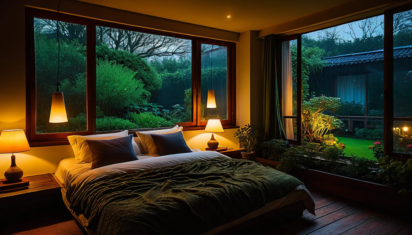 The picture shows a cozy bedroom with large windows offering views of the beautiful, dimly lit garden AND FLOWER-soaked gardens. CINEMATIC, JAPANESE HOUSE, the shape of a Japanese house, and lots of flower gardens in the garden. The bed was unmade with crumpled sheets, indicating only sleep in peace. looks dim, gloomy. Beside the bed there is a small table with a classic lamp burning which radiates warm light into the room. Outside the window, lush green plants can be seen on the terrace or balcony area, rain is falling, the lamp on the left provides warm lighting, creating a calm and peaceful atmosphere. with mist partially obscuring the landscape in the distance. The contrast between the warmth indoors and the rain outdoors creates an inviting and calming atmosphere
